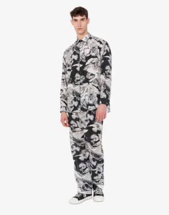 Lightweight cotton poplin pants with goose print