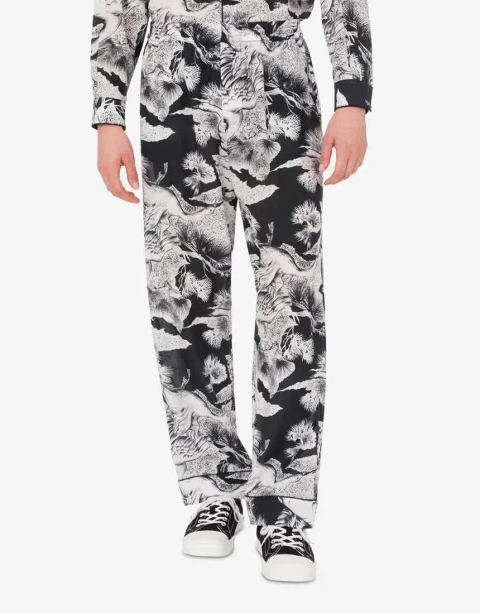 Lightweight cotton poplin pants with goose print