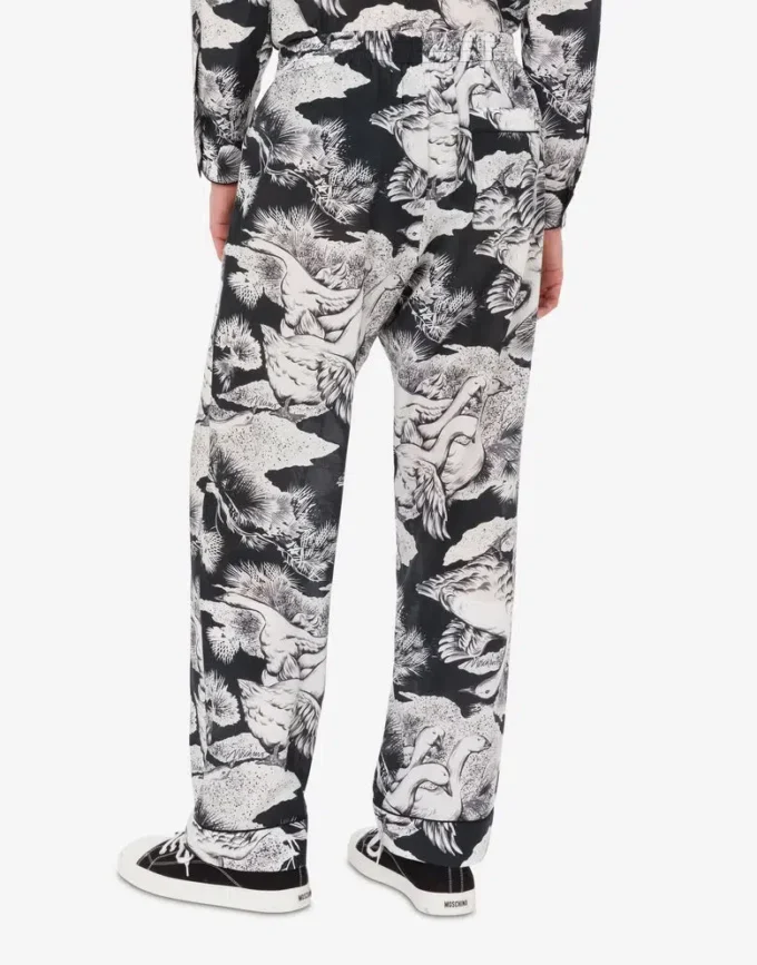 Lightweight cotton poplin pants with goose print