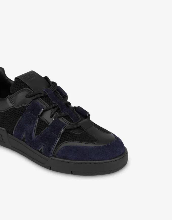 Mesh, calfskin and suede trainers