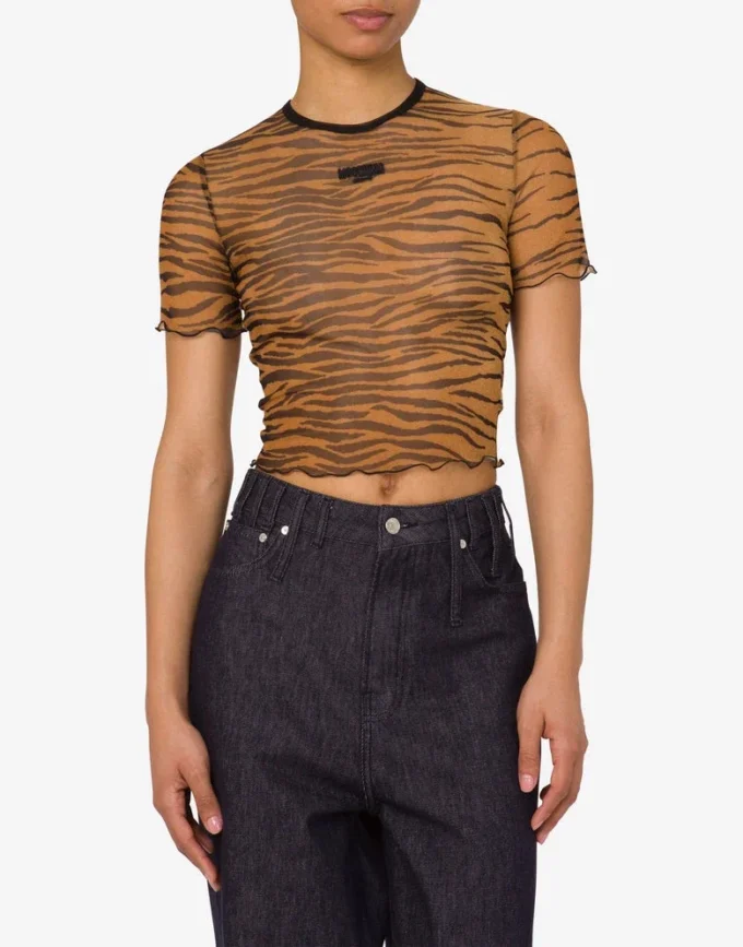 Printed tulle crop T-shirt